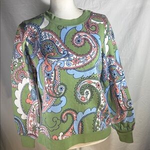 Talbots Green Paisley Sweatshirt with Blue and Pink Accents